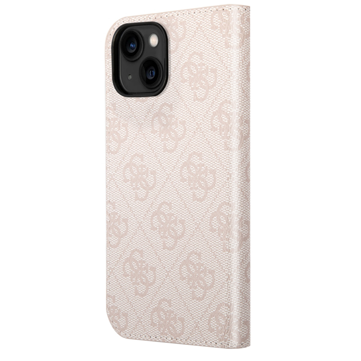 Una custodia per iPhone 14, rosa pallido con un motivo. La custodia è aperta, rivelando le lenti della fotocamera del telefono. Lo sfondo è bianco.