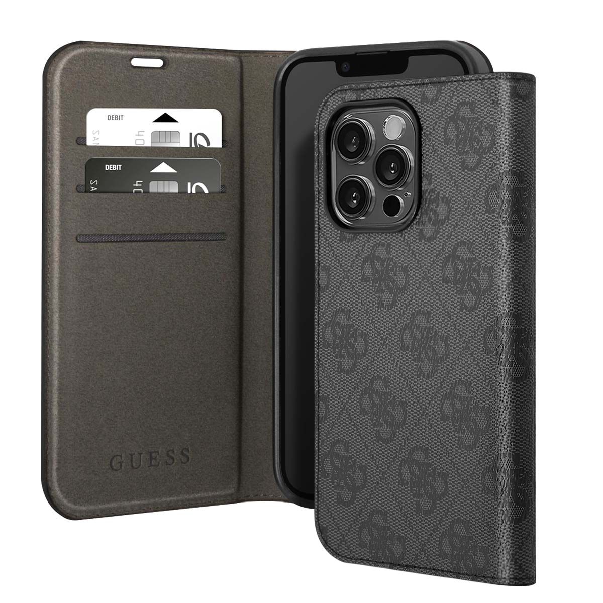 Una custodia per telefono Guess nera con un telefono all'interno. La custodia è aperta, mostrando fessure per carte e il logo Guess.