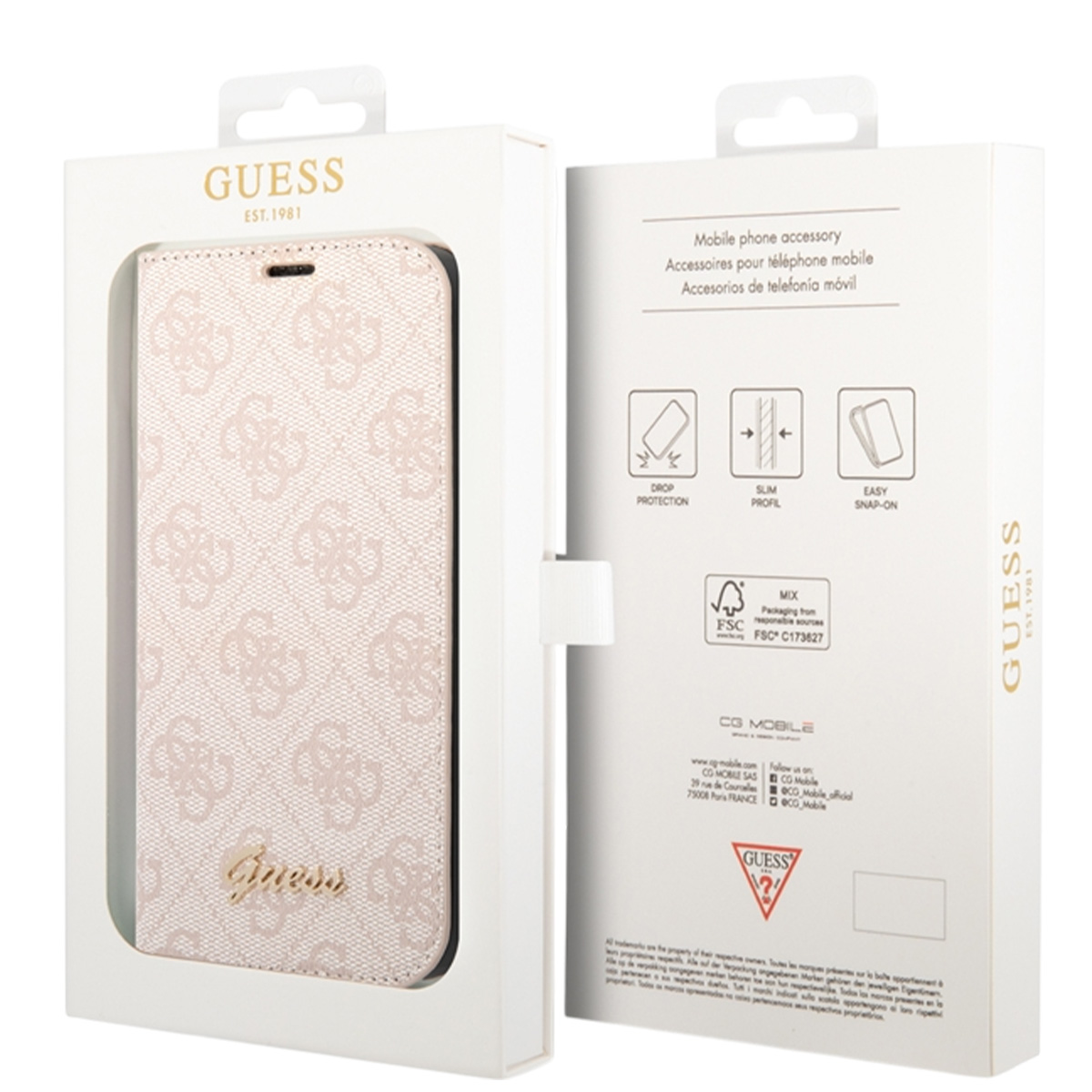 Una custodia per telefono Guess in una scatola bianca. La custodia è rosa con un motivo. La scatola ha il logo e il testo Guess.