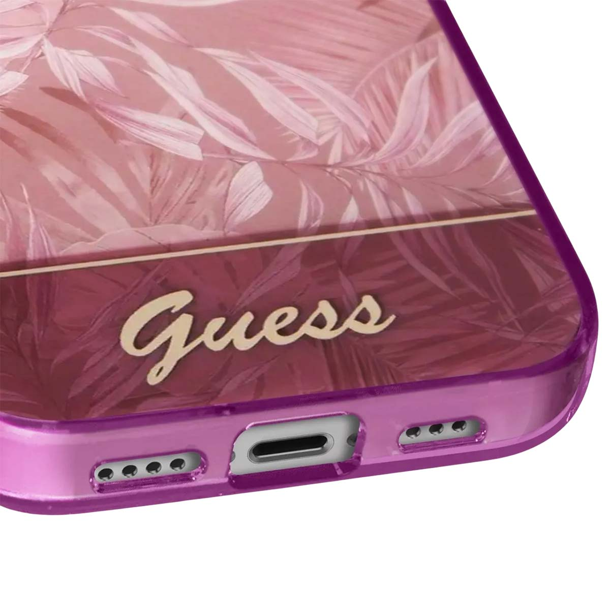 Una custodia per telefono con un design floreale rosa e il logo Guess. La custodia è viola e ha ritagli per porte e altoparlanti.