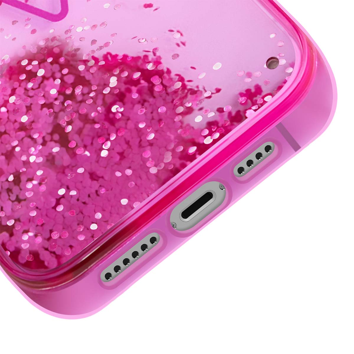 Primo piano di una custodia rosa per telefono con glitter all'interno. La custodia ha aperture per pulsanti e ricarica. Lo sfondo è bianco.