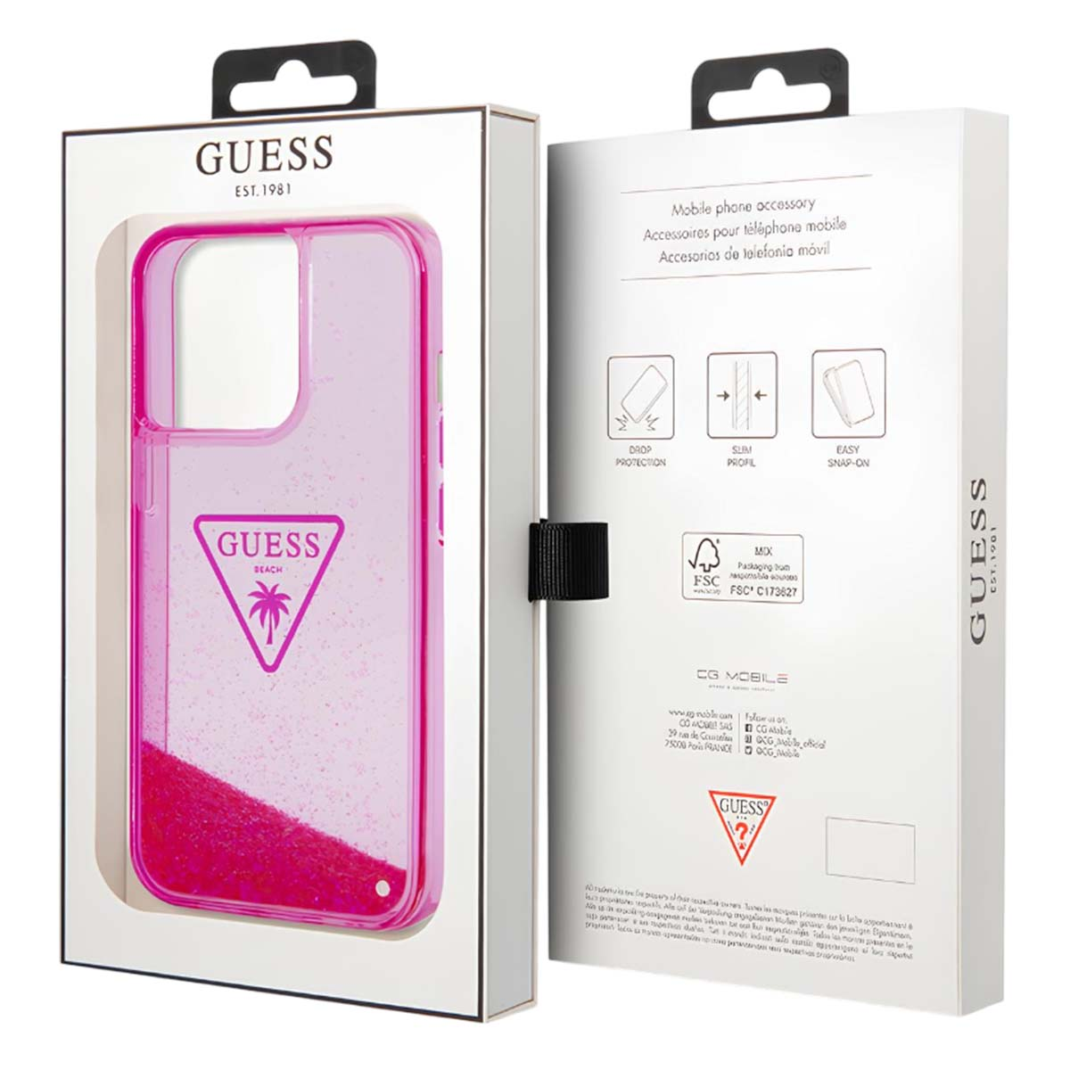 Custodia rosa Guess per telefono in una scatola bianca. La scatola elenca le funzionalità degli accessori.