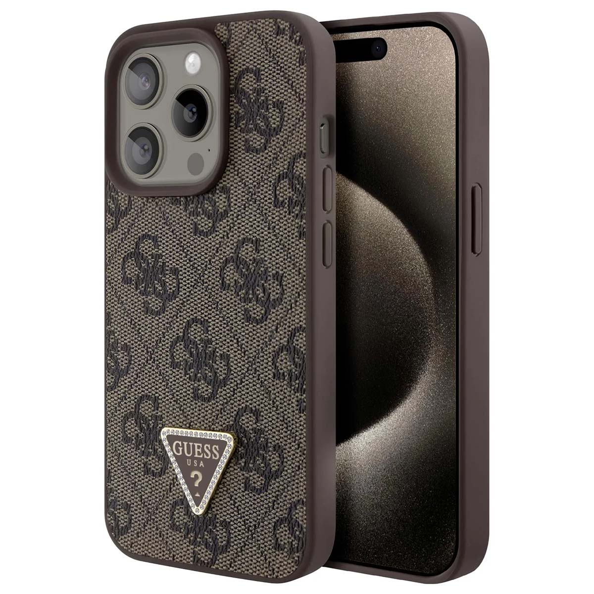 Custodia per telefono Guess marrone con motivo logo e logo triangolare Guess USA. Schermo del telefono visibile. Bordi marrone scuro.