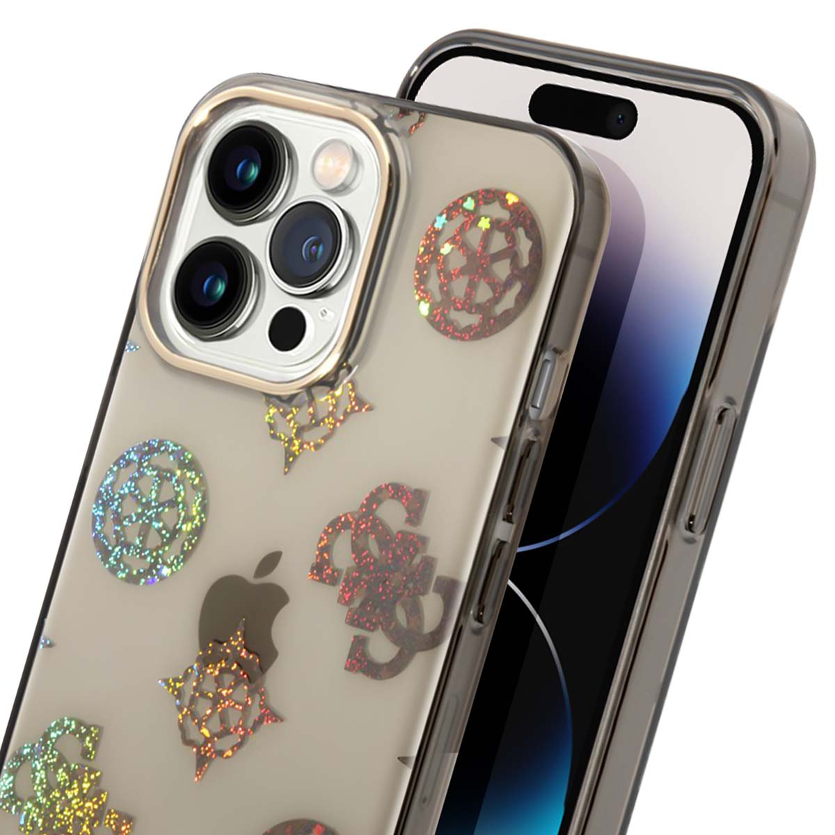 Una custodia per telefono con disegni Guess e stelle glitterati su un iPhone. La custodia è trasparente. Il telefono è visibile.