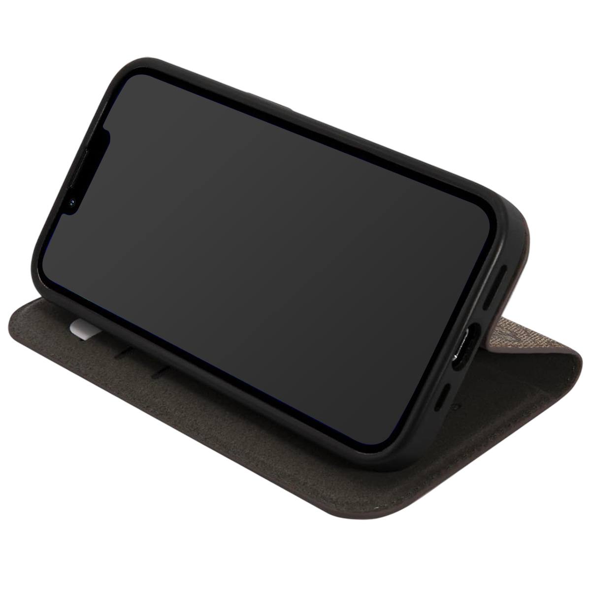Uno smartphone nero in una custodia a portafoglio grigio scuro su sfondo bianco.
