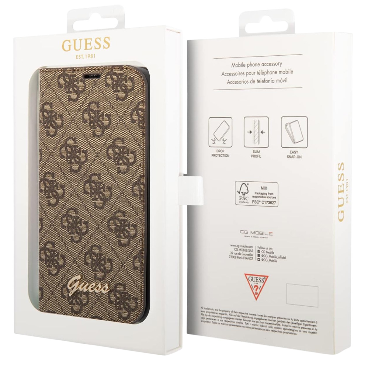 Una custodia per telefono Guess in una scatola. È marrone con un motivo logo. La scatola è bianca con testo.