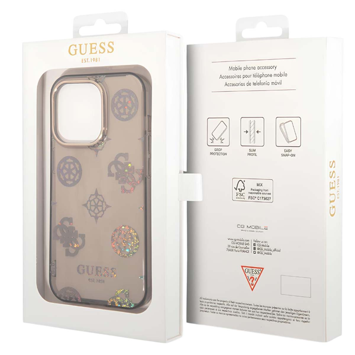 Una custodia per telefono Guess nella sua confezione. La custodia è trasparente con loghi Guess. La scatola è bianca con testo e loghi.