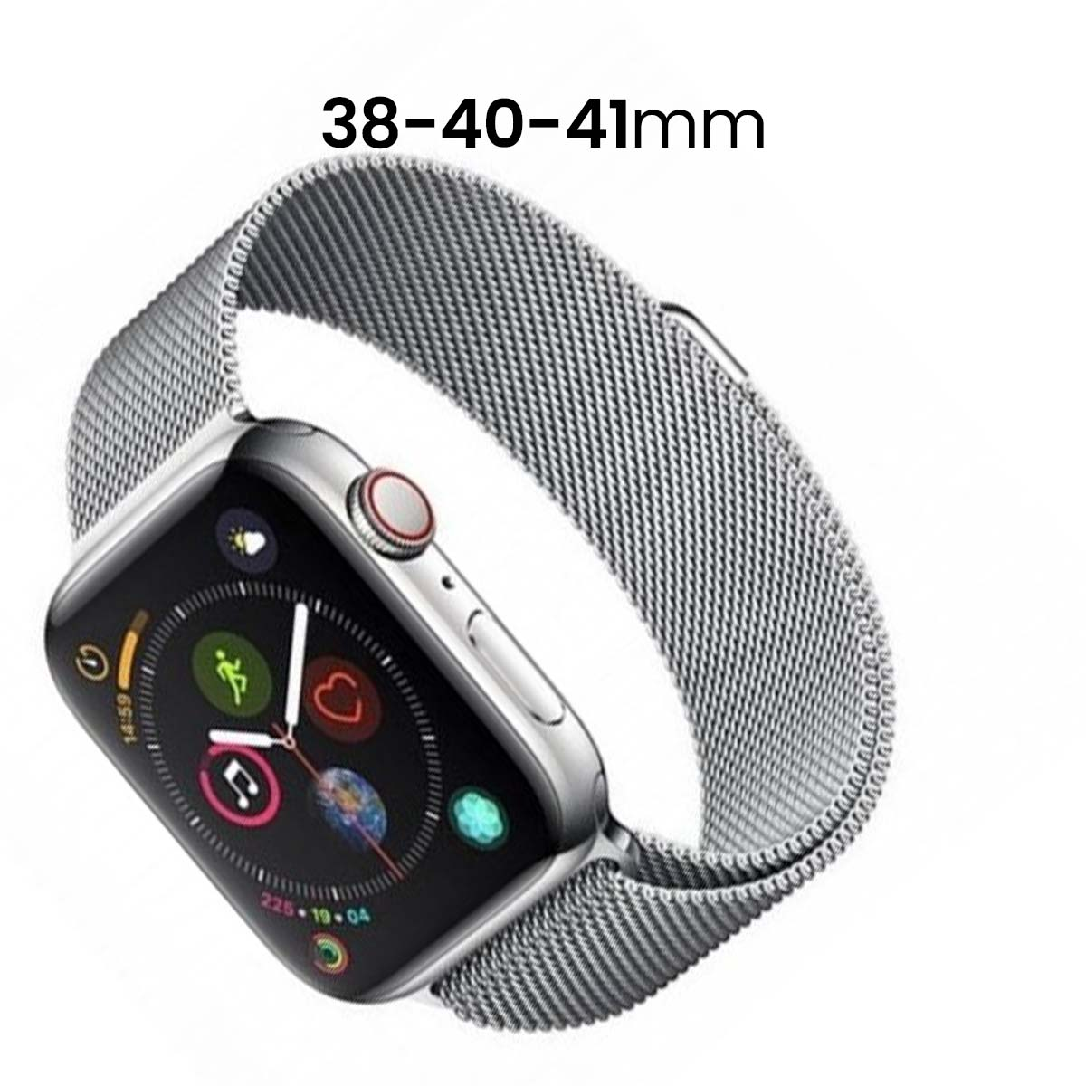 Un Apple Watch argentato con un cinturino a maglia. Il quadrante mostra icone. Il testo "38-40-41mm" è sopra.