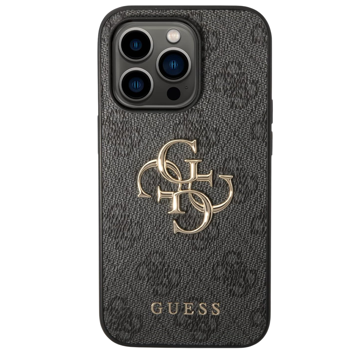 Czarne etui na telefon Guess ze złotym logo i aparatem. Etui ma wzór tekstury i napis GUESS.