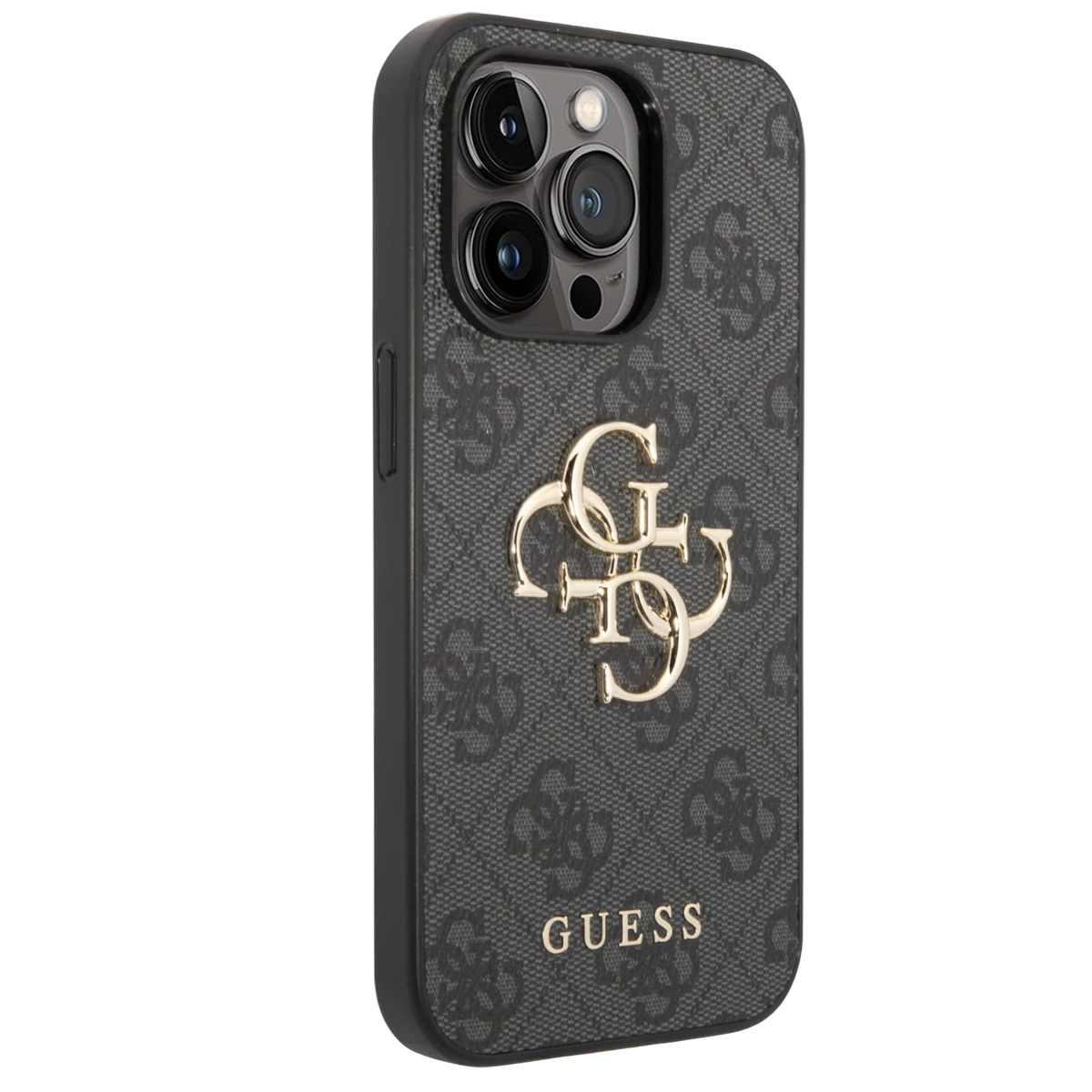 Etui na telefon z czarno-szarym wzorem, złotym logo Guess i napisem GUESS. Etui znajduje się na białym tle.