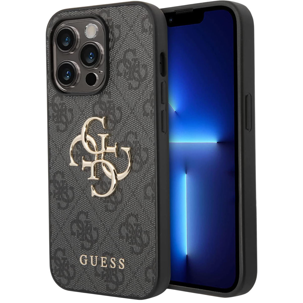 Telefon w czarnym etui Guess. Etui ma złote logo i wzór. Ekran telefonu pokazuje niebieski gradient.