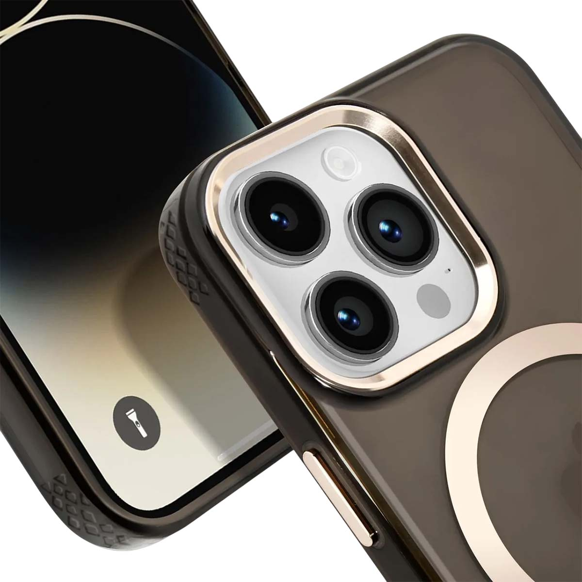 Primo piano di un telefono in una custodia trasparente. La custodia ha un anello dorato e una cornice della fotocamera. Lo schermo mostra l'icona della torcia.