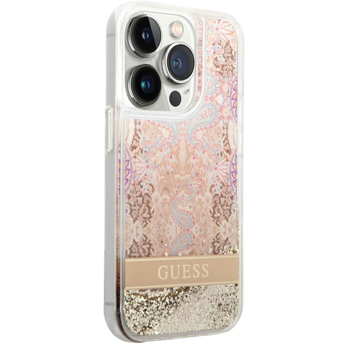Custodia trasparente per telefono con motivo paisley e glitter. Con logo Guess.