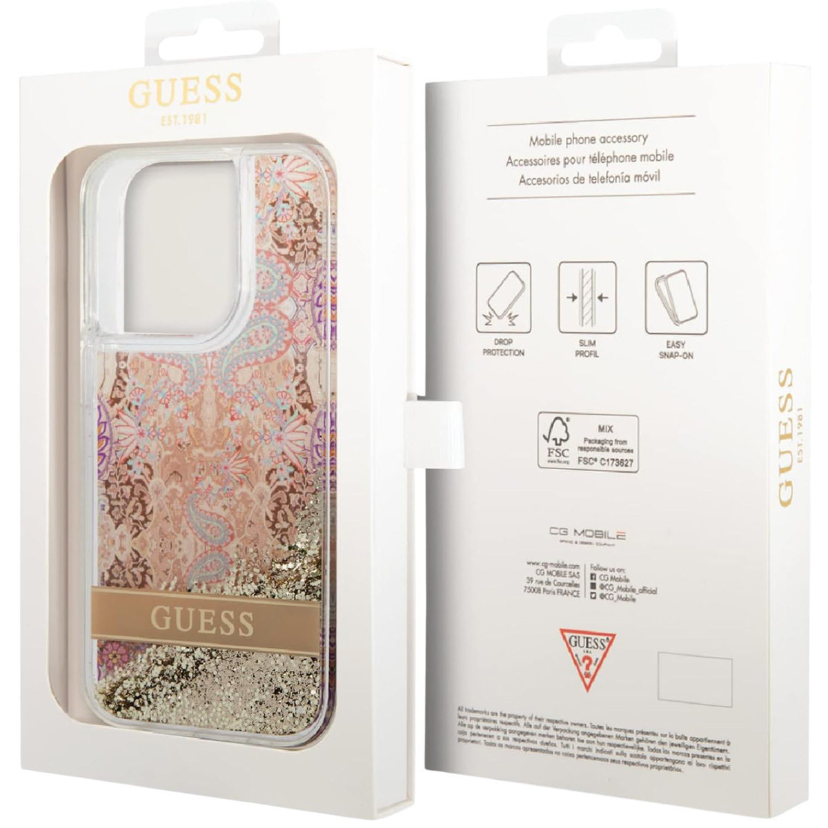 Una custodia Guess in una scatola. La custodia ha un design a fantasia e glitter dorati. La scatola ha testo e loghi.