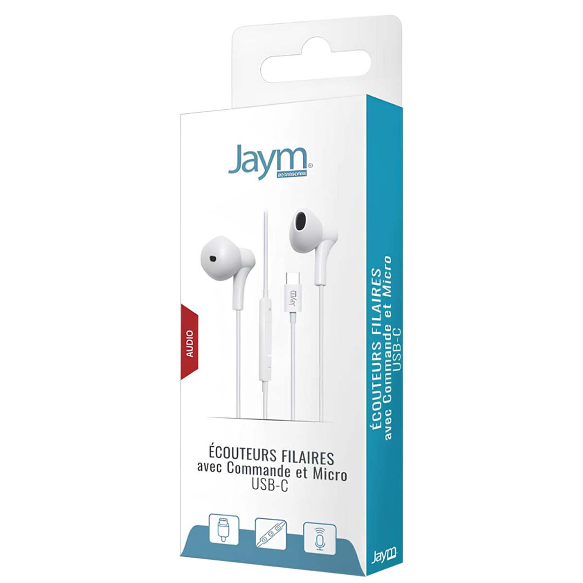 Auricolari bianchi in una confezione. La confezione è bianca con dettagli blu. Il testo francese indica USB-C e il marchio 'Jaym'.