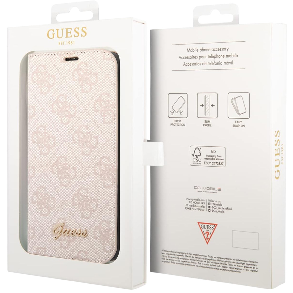 Una custodia Guess per telefono in una scatola bianca. La custodia è rosa chiaro con un motivo. La scatola dice 'Mobile phone accessory'.