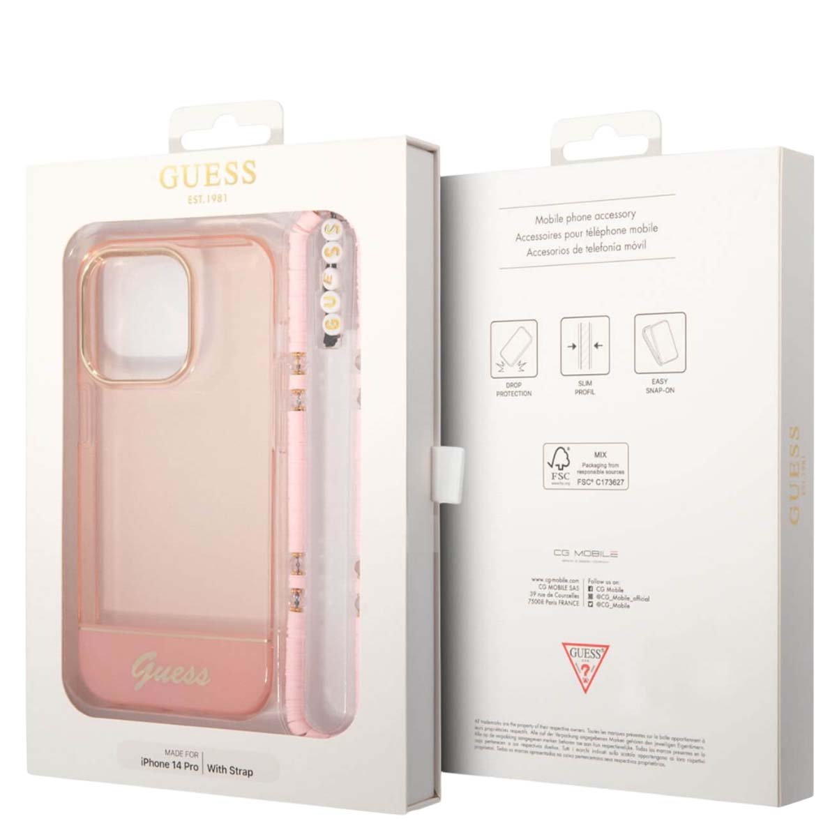 Una custodia Guess per iPhone 14 Pro con cinturino. La custodia è in una scatola con dettagli del prodotto e marchio Guess.
