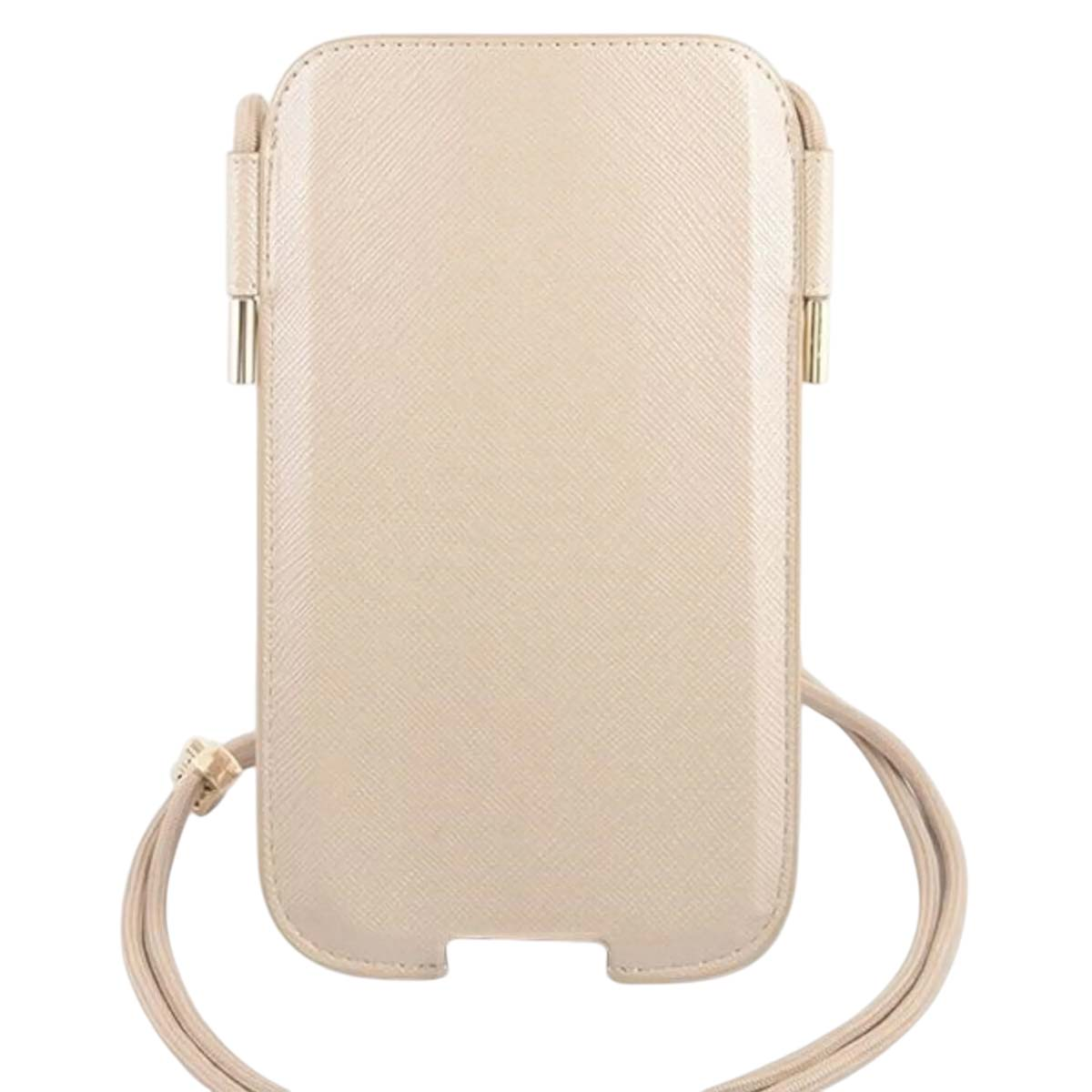 Eine beige Handyhülle mit Trageriemen. Sie hat eine strukturierte Oberfläche, goldene Akzente und einen Ausschnitt.