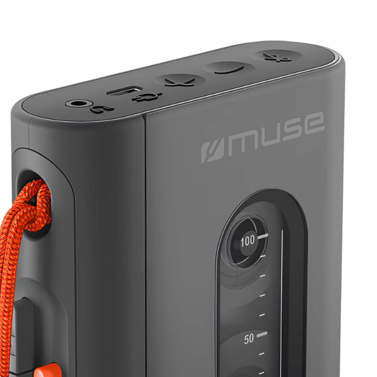 Un power bank grigio con una corda arancione. Ha pulsanti e un indicatore della batteria. Il marchio "muse" è stampato sopra.