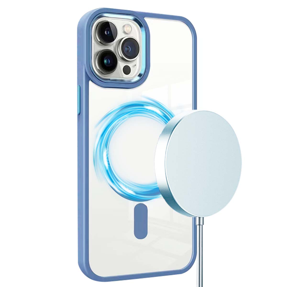 Un iPhone in una custodia trasparente con bordi blu e un caricatore MagSafe. Il caricatore è argentato e attaccato al telefono.
