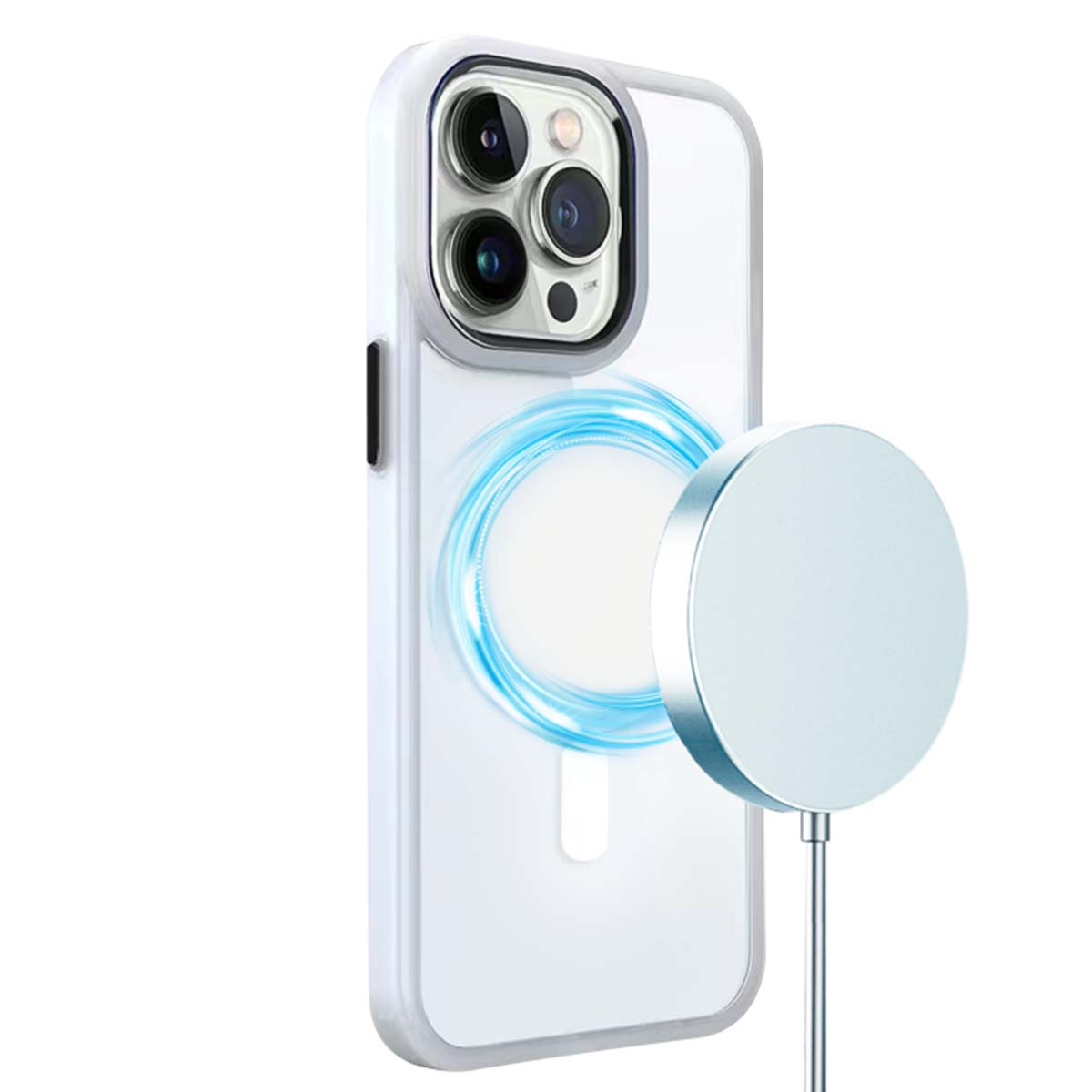 Una custodia trasparente per telefono con bordo argentato e caricatore magnetico. La custodia ha un modulo fotocamera e un anello energetico blu.