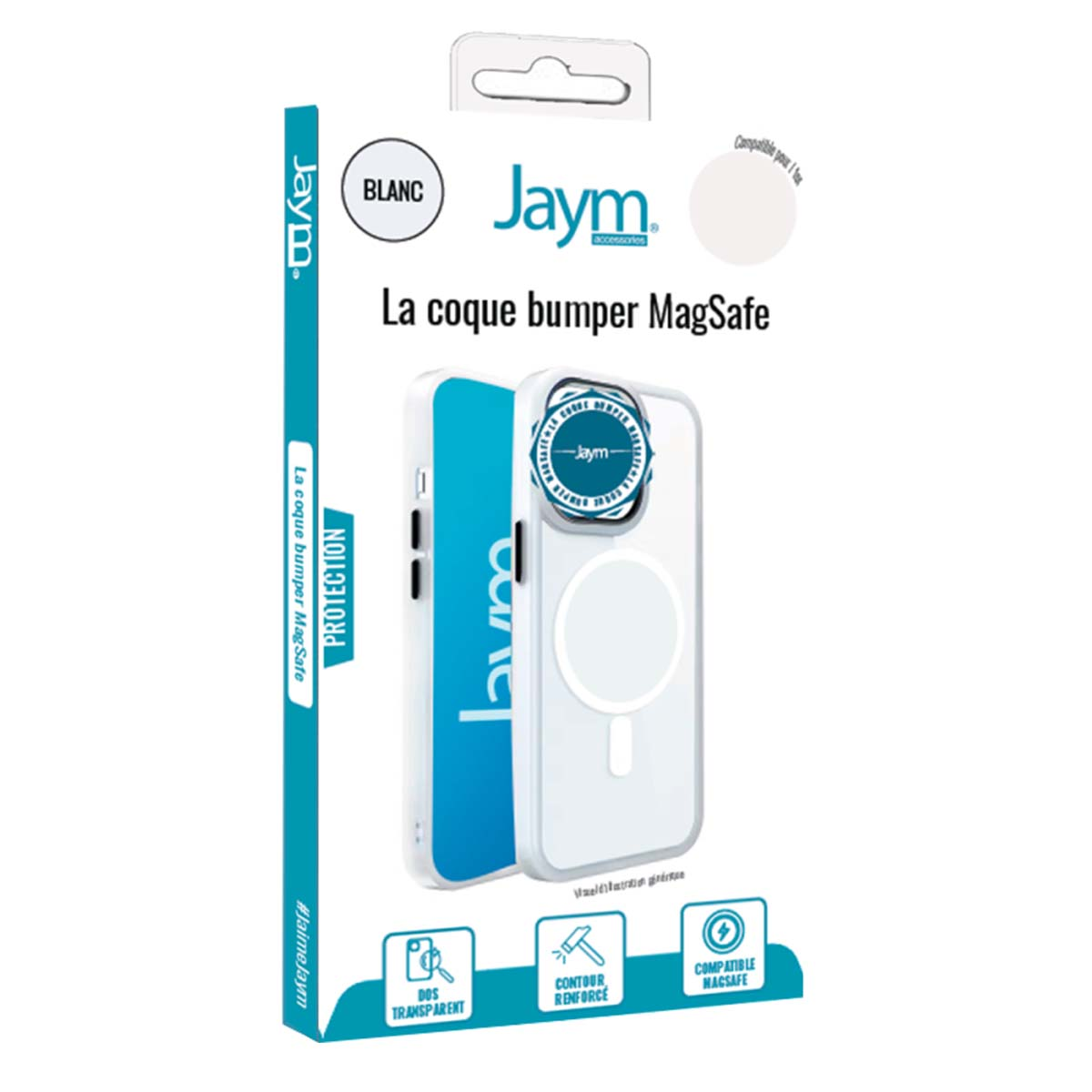 Una confezione di custodia per telefono con il marchio 'Jaym'. La custodia è trasparente. Ha la funzione MagSafe ed è bianca.