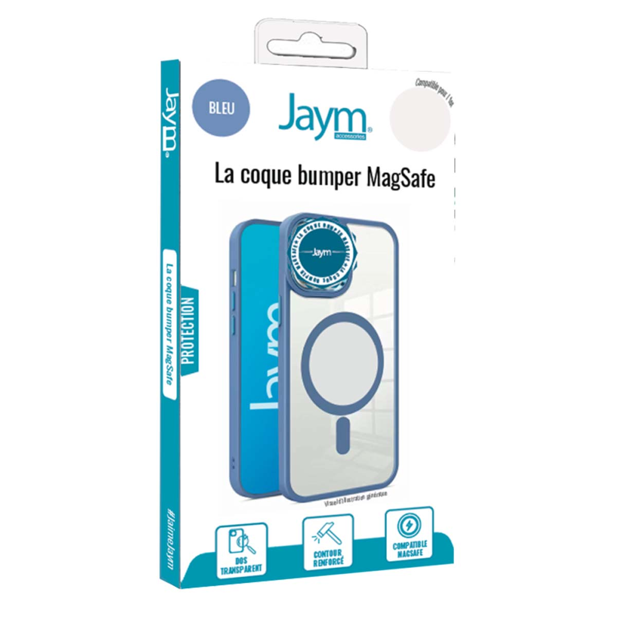 Una scatola di custodia per telefono. La custodia è blu con retro trasparente, compatibile MagSafe. Testo: 'La coque bumper MagSafe' e 'Jaym'.