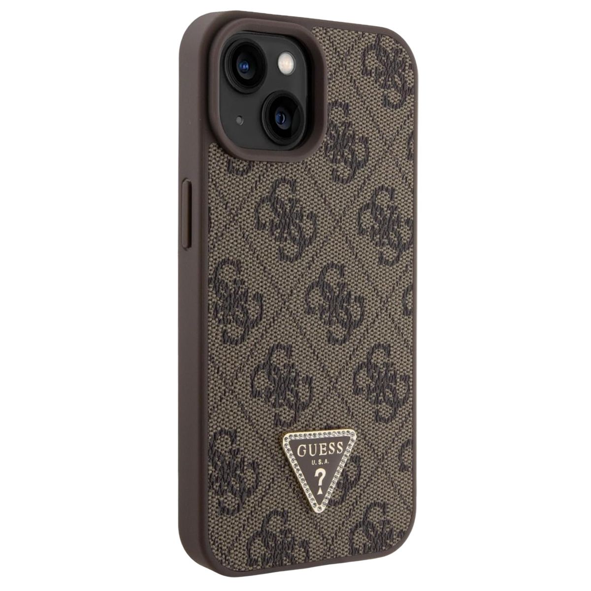 Una custodia per telefono marrone con un motivo di loghi ripetuti. Ha un logo Guess e una fotocamera. La custodia è su sfondo bianco.