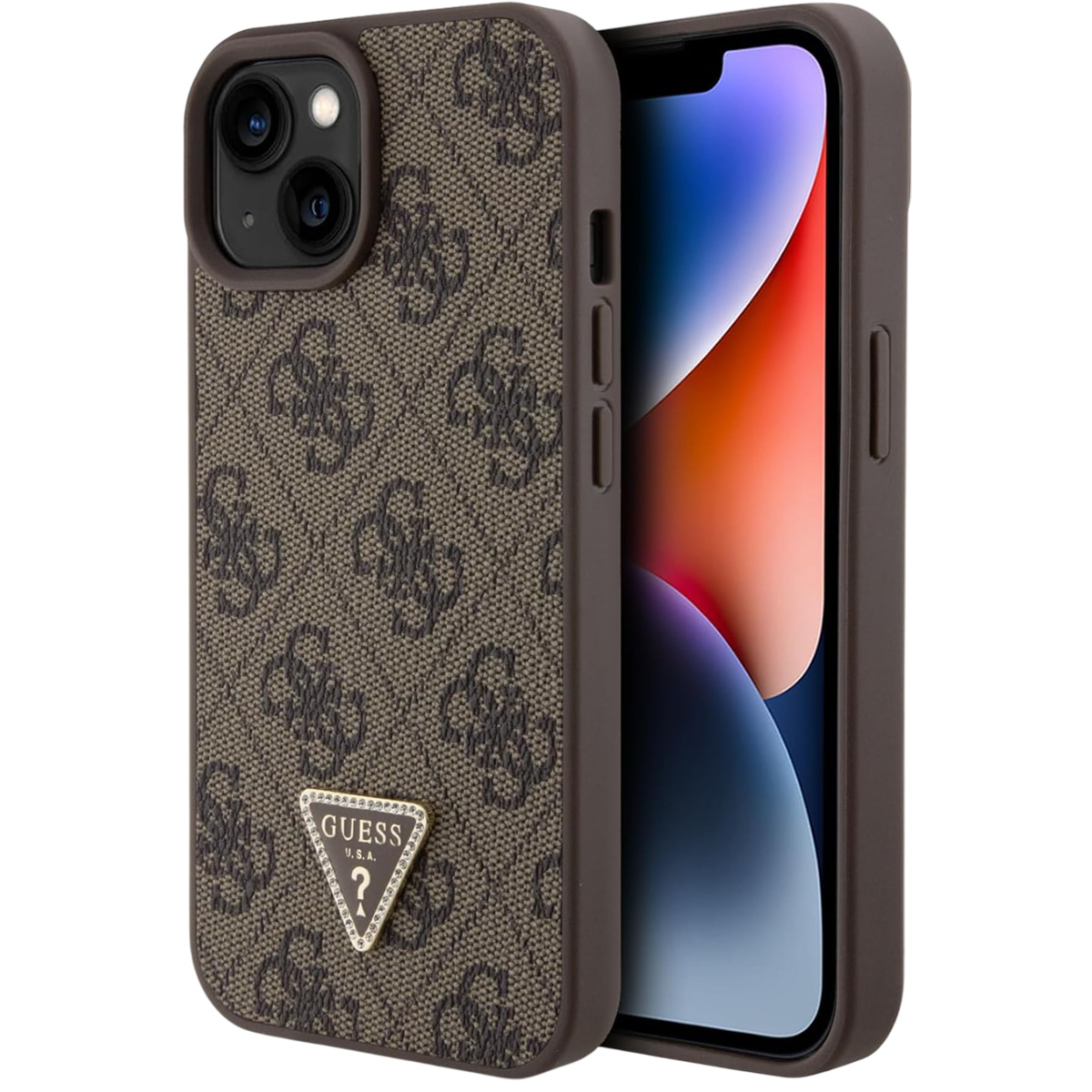 Una custodia marrone per iPhone con un motivo e il logo Guess. Lo schermo del telefono mostra una sfumatura colorata.