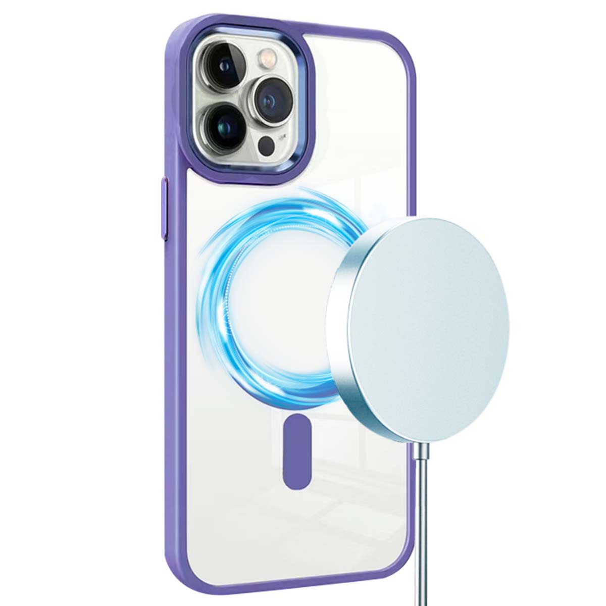 Una custodia per iPhone con cornice viola e retro trasparente. Un caricatore magnetico è attaccato al telefono, con un design a vortice blu.