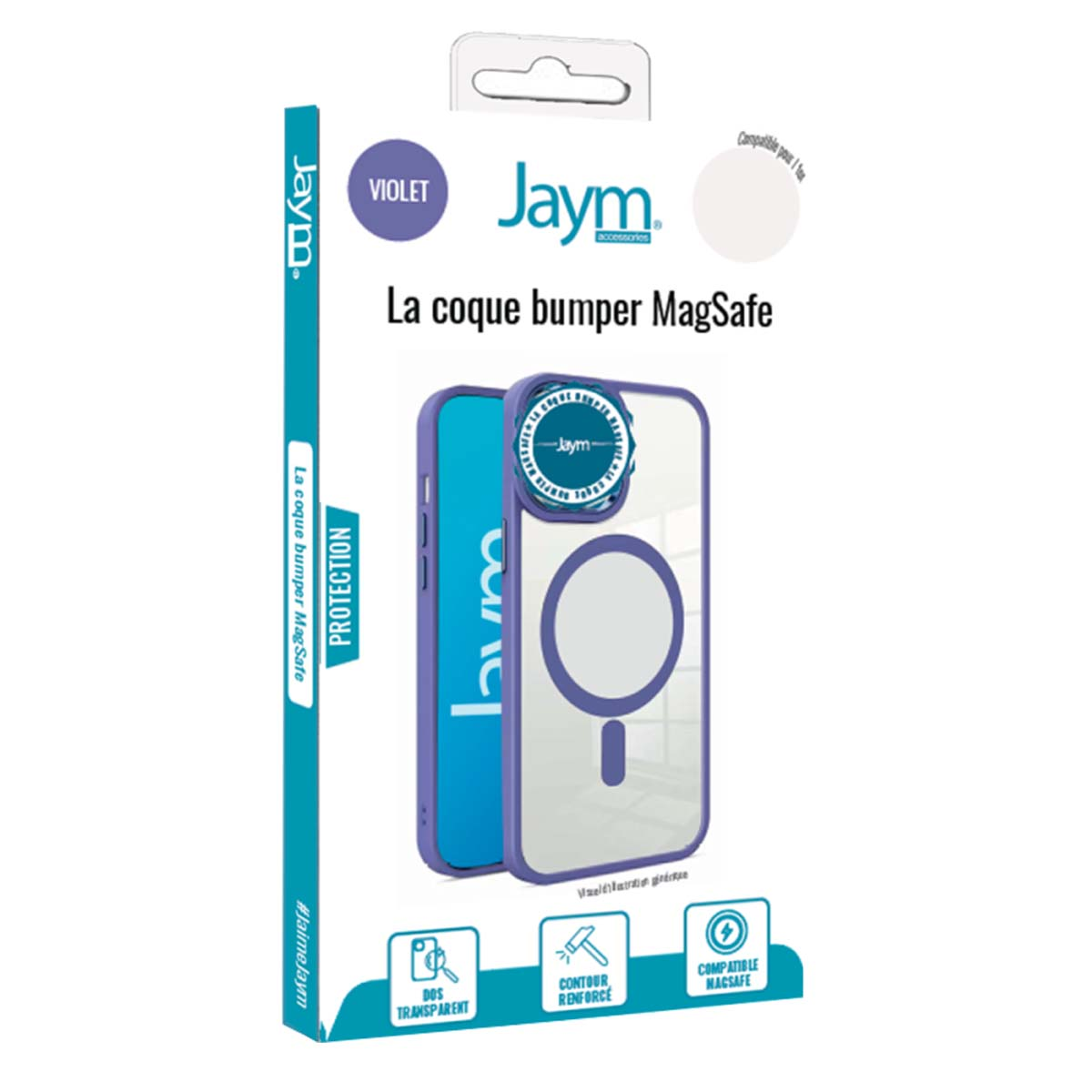 Una confezione di custodia per telefono con il logo 'Jaym'. È di colore viola e presenta il testo 'La coque bumper MagSafe'.