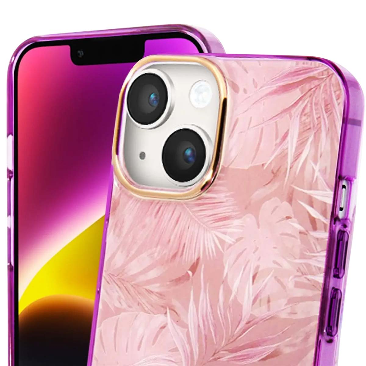 Un telefono in una custodia floreale rosa. Il telefono ha un bordo viola. La fotocamera ha un bordo dorato.