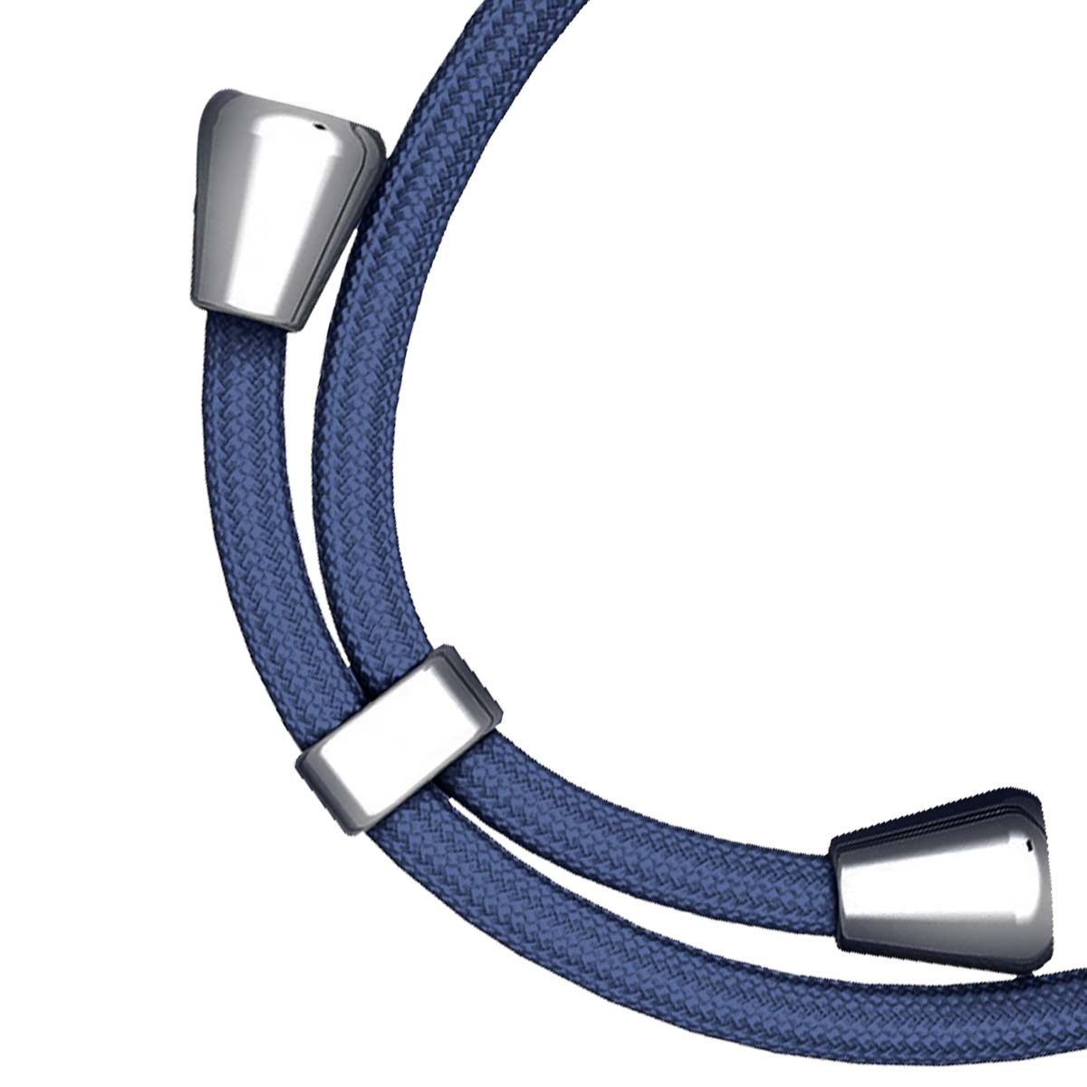 Primo piano di un cavo blu intrecciato con dettagli metallici argentati. Il cavo è curvo con tre elementi argentati.