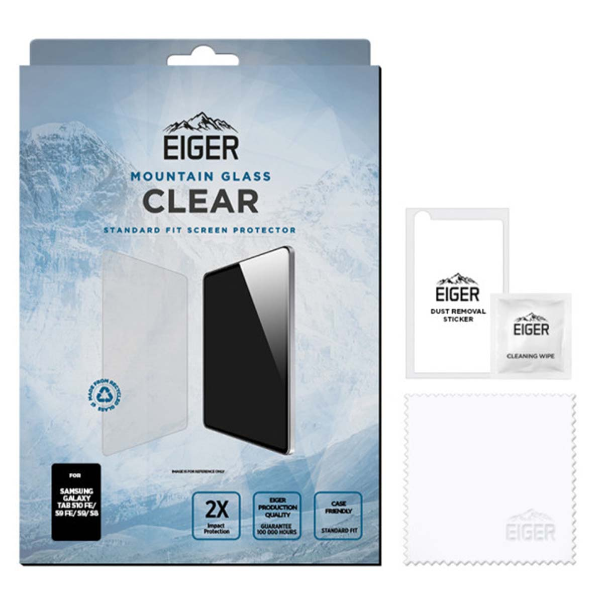 Un paquete de protector de pantalla con el logotipo de Eiger. Incluye un protector, una toallita de limpieza, una pegatina para quitar el polvo y un paño de limpieza.