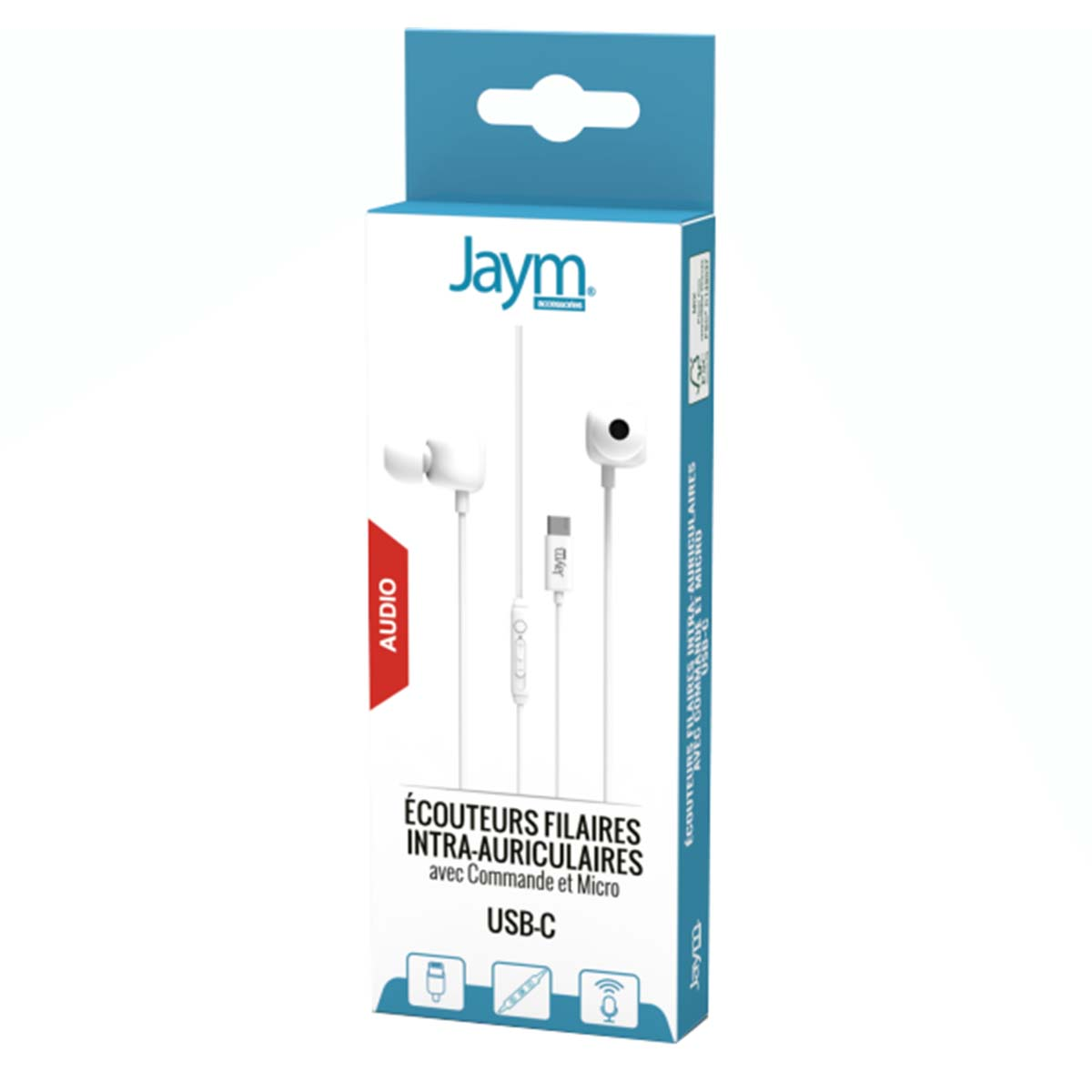 Una scatola di auricolari cablati bianchi. La scatola è blu e bianca con testo in francese e il logo 'Jaym'.