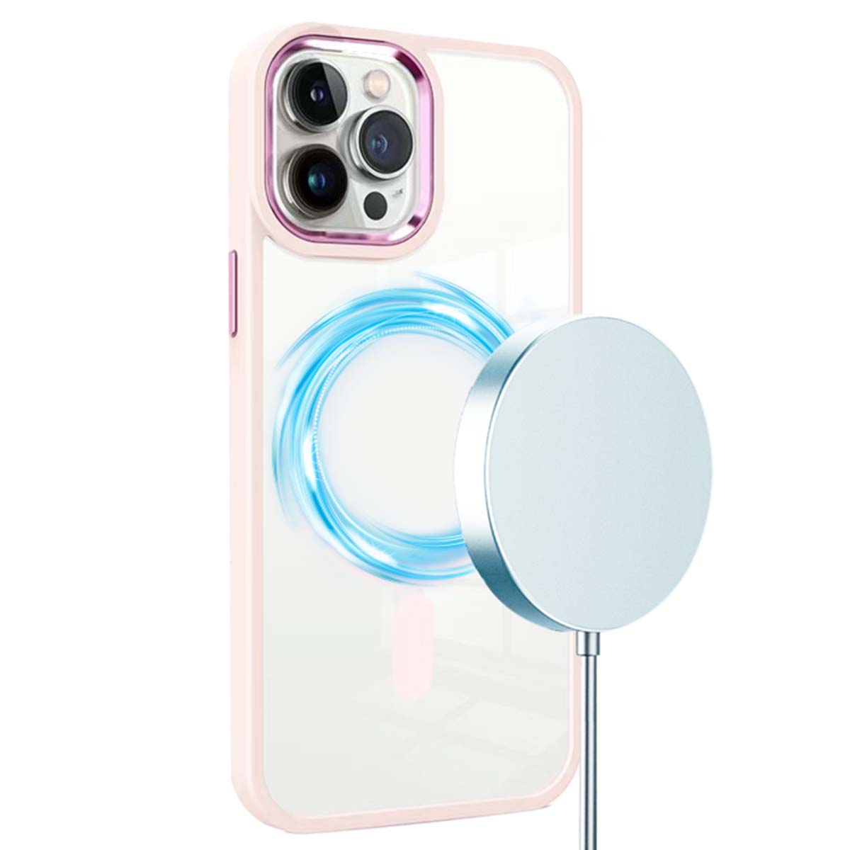 Un telefono in una custodia rosa e trasparente con un pad di ricarica argentato. Il pad è collegato al telefono, mostrando un cerchio di energia blu.