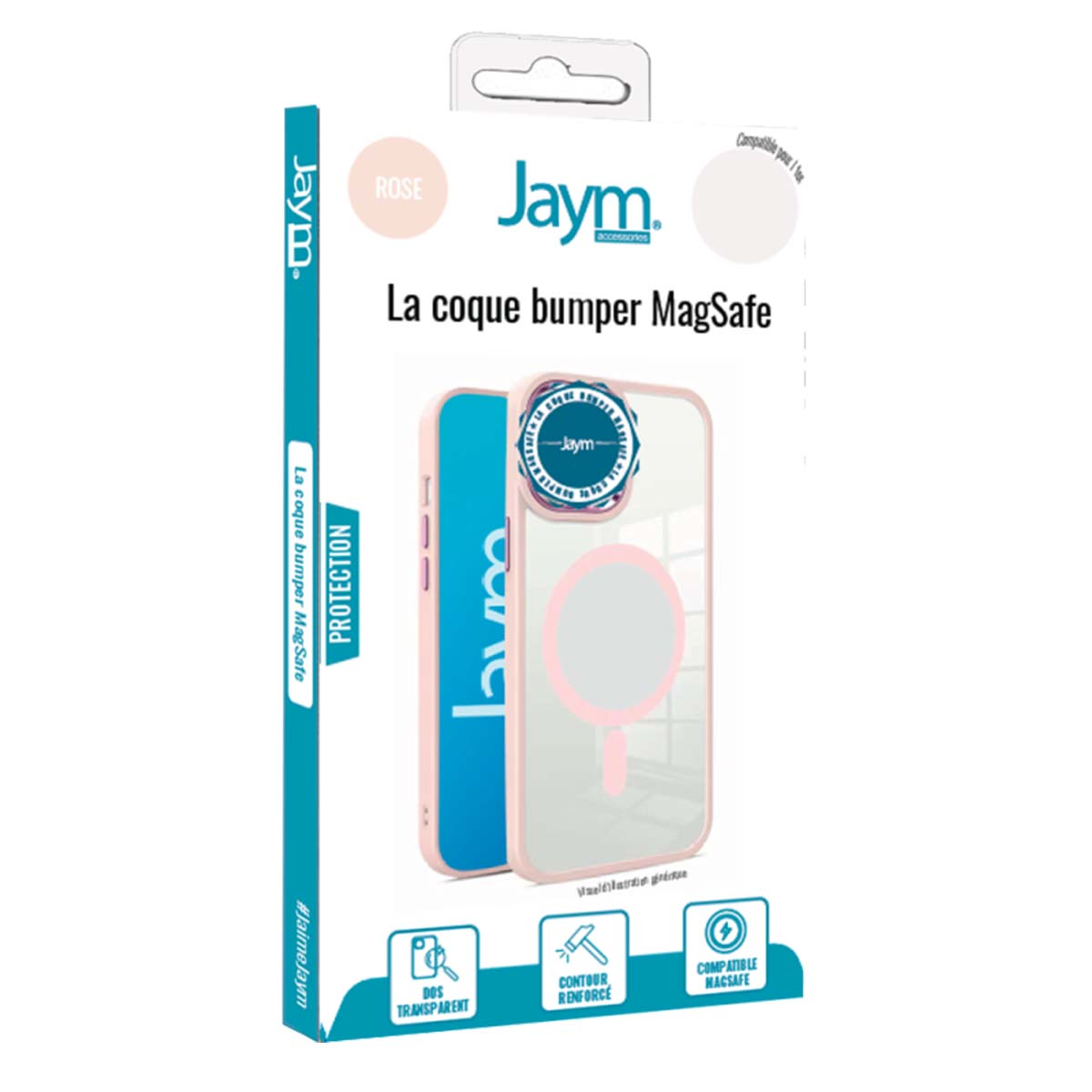 Una confezione di custodia per telefono. Ha una custodia paraurti rosa con un anello MagSafe. Il marchio è Jaym.