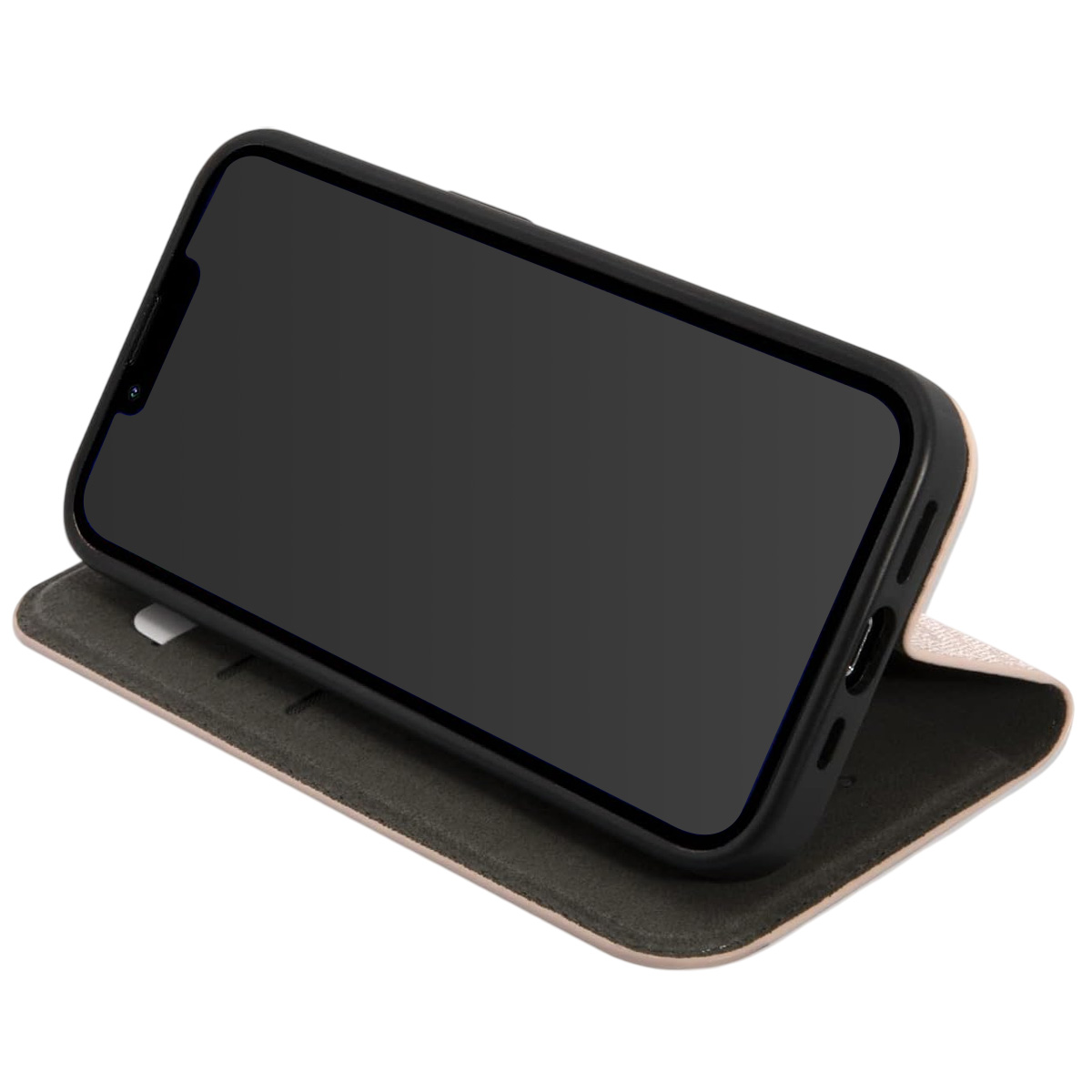 Uno smartphone con custodia nera è su una custodia pieghevole beige. Lo schermo del telefono è nero. Lo sfondo è bianco.