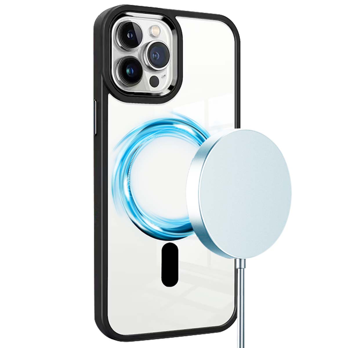 Ein iPhone in einer schwarz gerahmten, durchsichtigen Hülle mit einem silbernen MagSafe-Ladegerät. Das Telefon hat einen schwarzen vertikalen Balken.