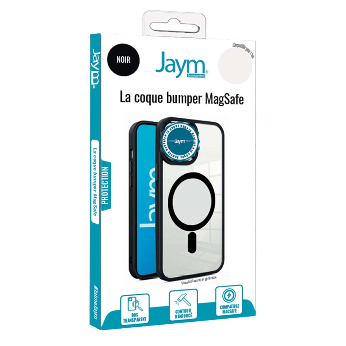 Eine Handyhülle in einer Box. Die Box hat das Jaym-Logo und französischen Text. Die Hülle ist schwarz und transparent.