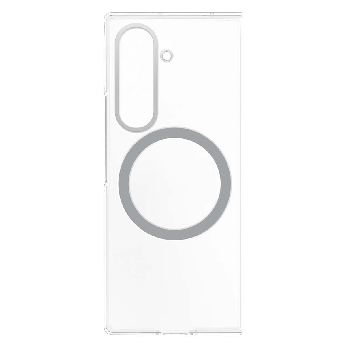 Custodia trasparente per telefono. Ha un ritaglio per la fotocamera e un design circolare nella parte inferiore. La custodia ha bordi grigi.