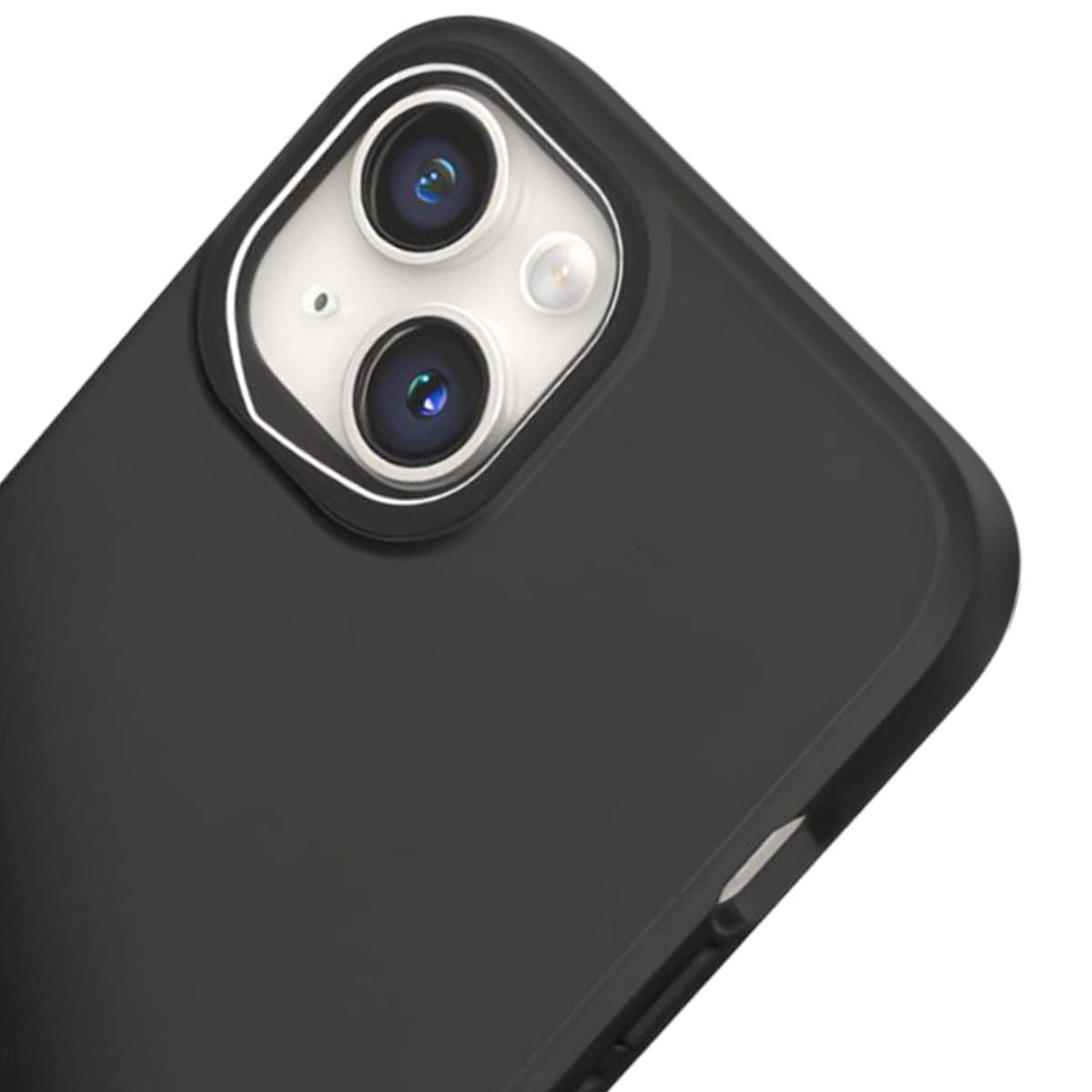 Primo piano di una custodia per telefono nera. Le lenti della fotocamera sono visibili con un bordo bianco. Lo sfondo è bianco.