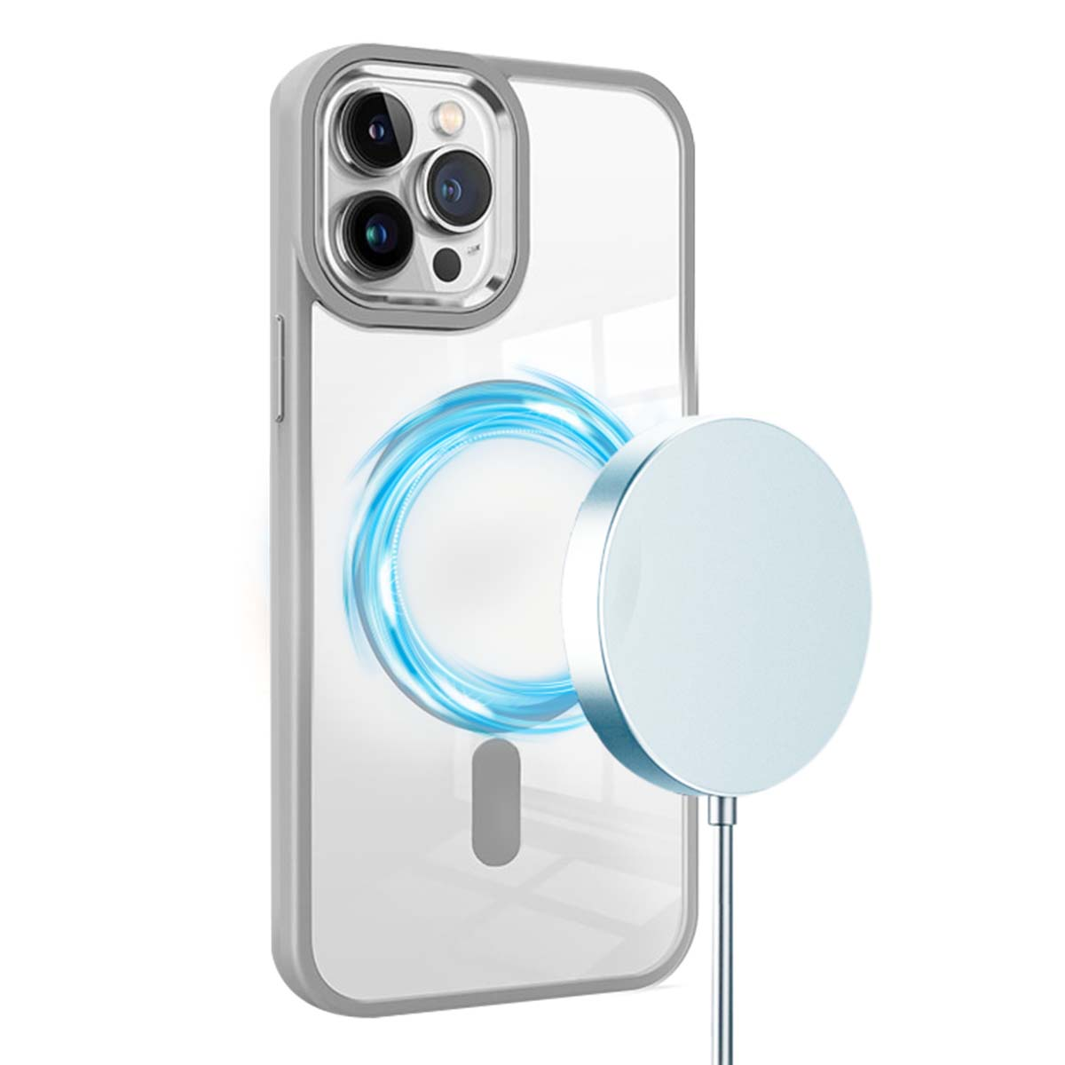 Custodia trasparente per telefono con bordi argentati e caricatore MagSafe. Il telefono ha più obiettivi e un effetto di carica blu circolare.