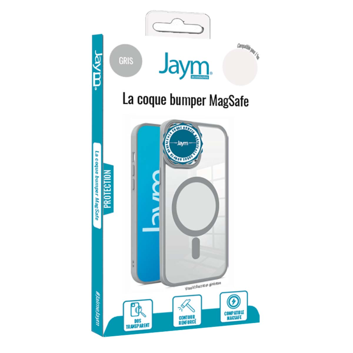 Una scatola per custodie per telefoni con un'illustrazione di custodia per telefono. Il marchio è Jaym. La custodia è trasparente con un cerchio MagSafe.