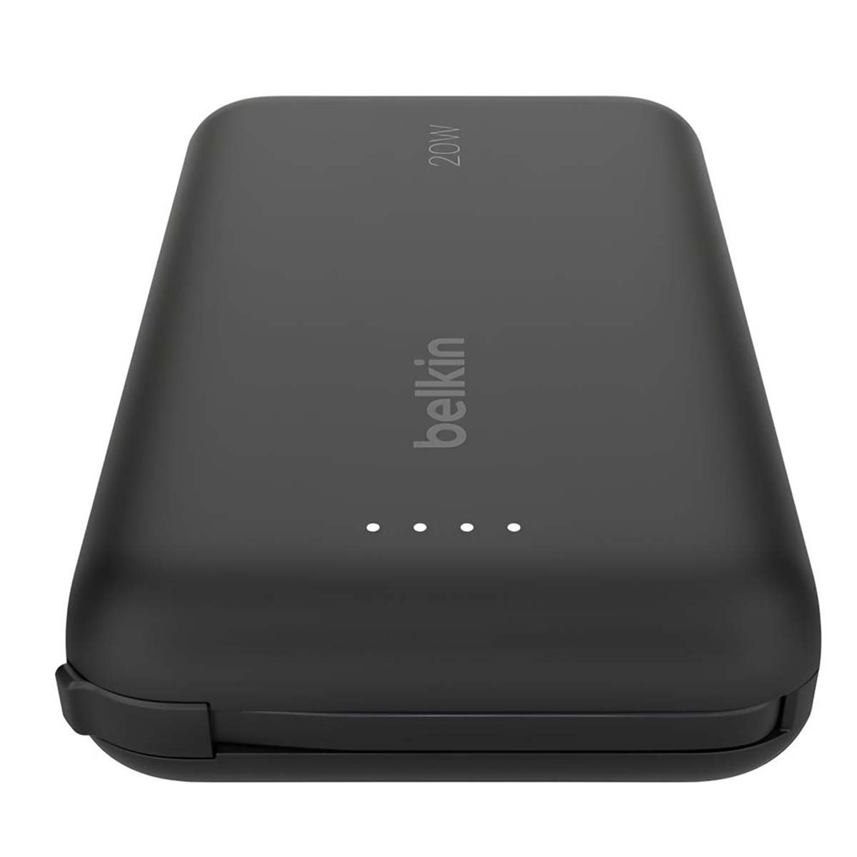 Un power bank Belkin nero, 20W, con quattro spie bianche. Il logo Belkin è visibile.
