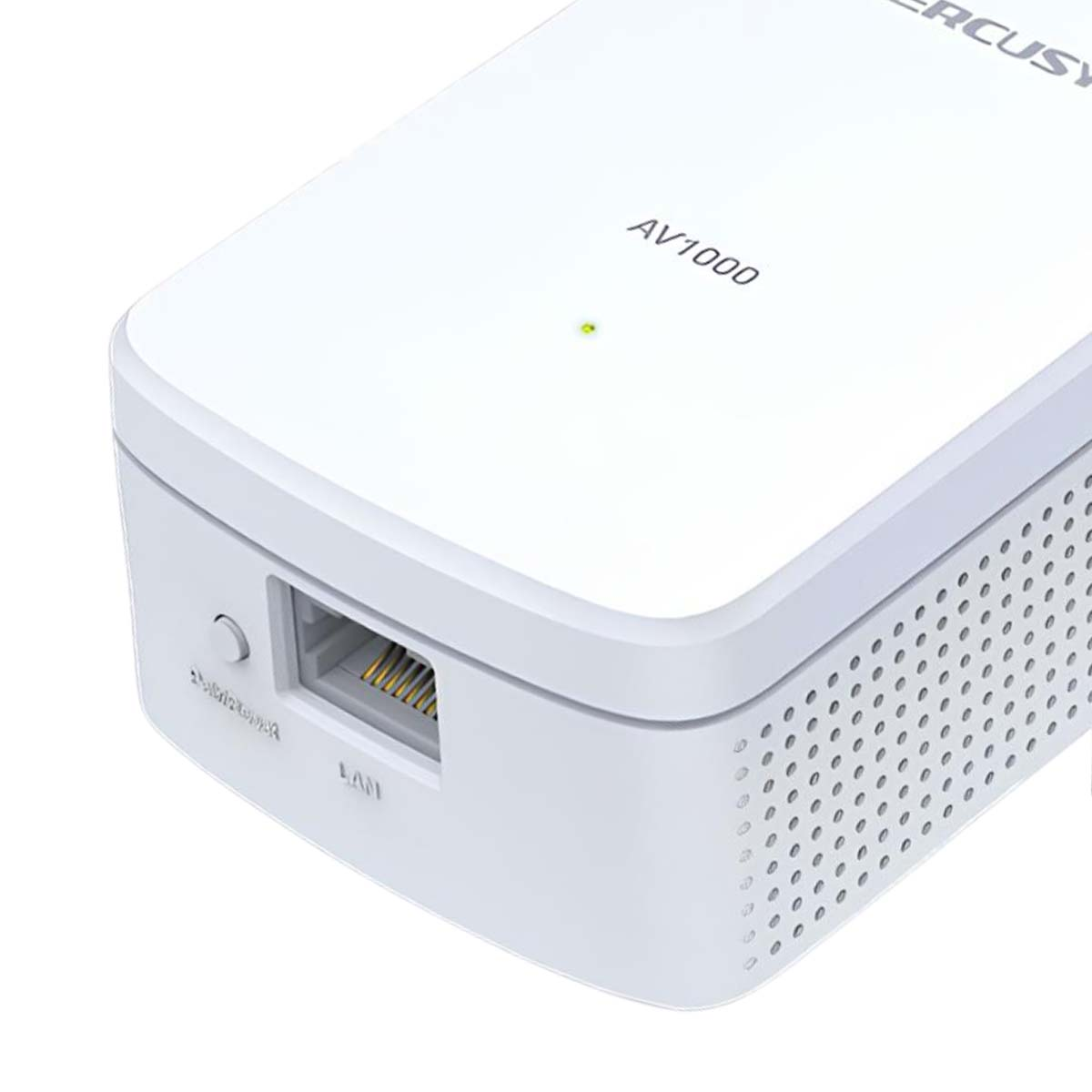 Białe urządzenie sieciowe AV1000 z portem LAN i otworami wentylacyjnymi. Świeci się zielone światło.