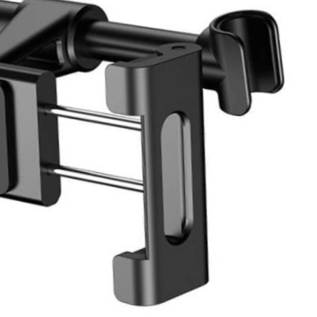 Czarny uchwyt na telefon do samochodu. Ma kilka części, w tym poziomy drążek, klipsy i ramiona podporowe. Widoczne są srebrne pręty.