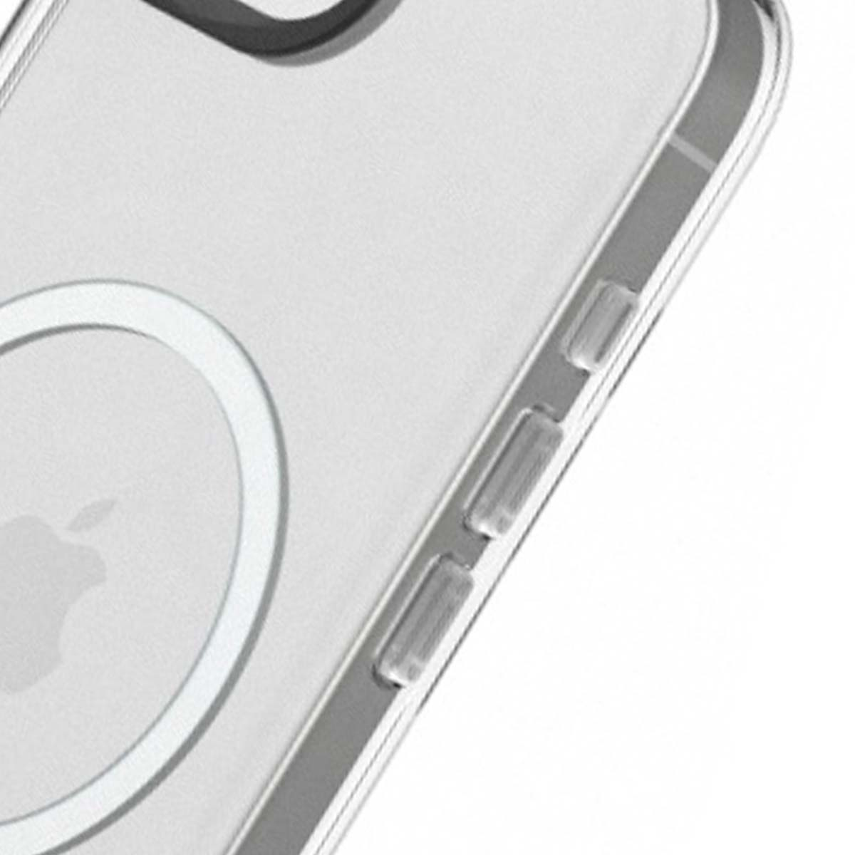 Coque de téléphone transparente. Anneau MagSafe et logo Apple visibles. Boutons latéraux visibles. La coque est transparente.