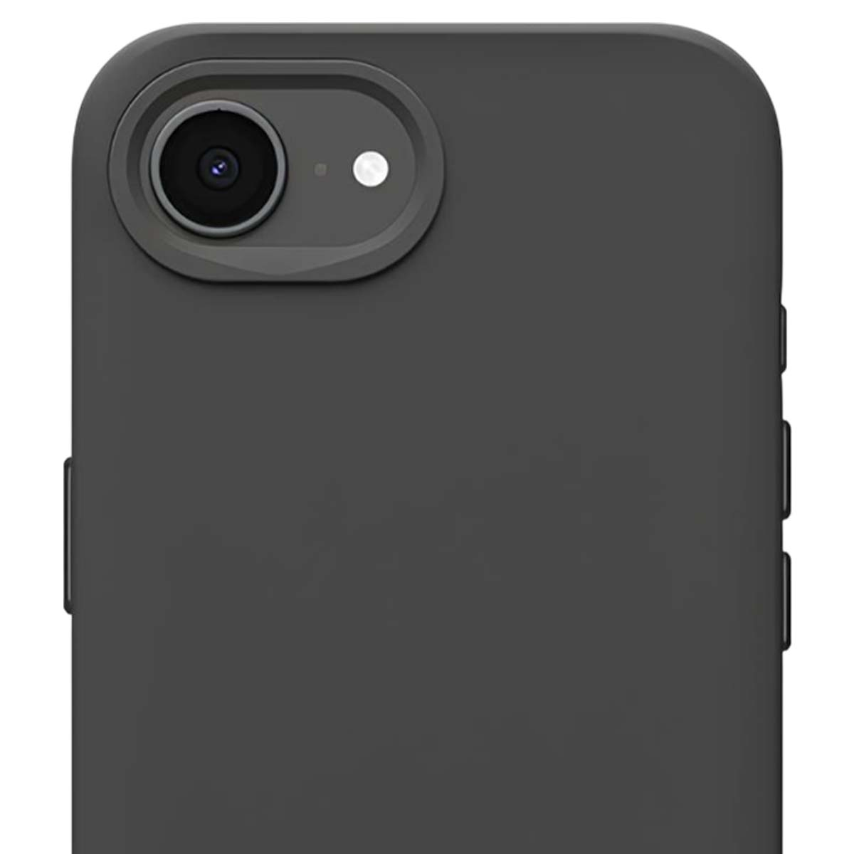 Gros plan sur une coque de téléphone gris foncé. Elle possède un objectif d'appareil photo et un flash. Les bords ont des boutons.