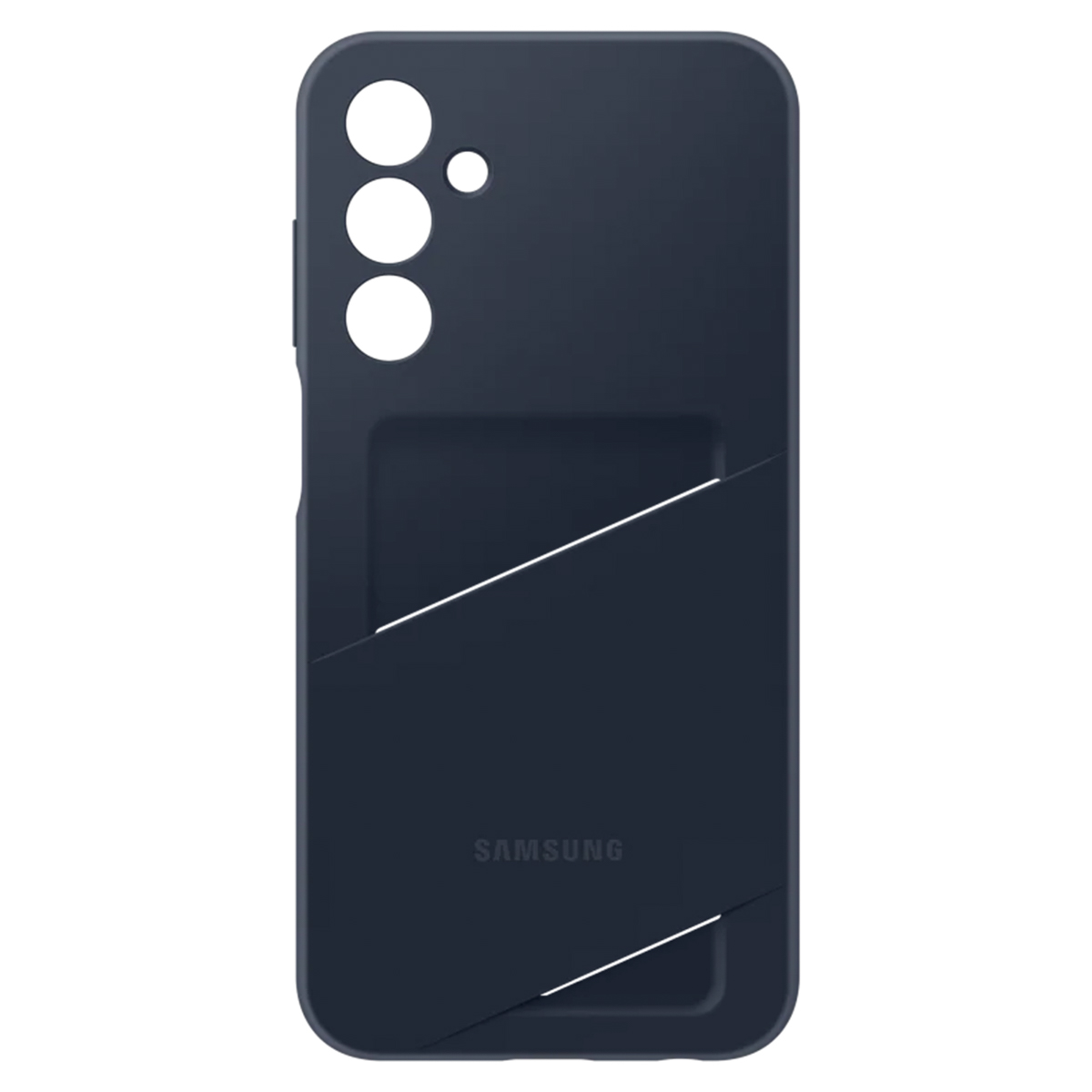 Une coque de téléphone bleu foncé. Elle comporte des découpes pour l'appareil photo et un design de fente pour carte. Le logo Samsung est visible en bas.